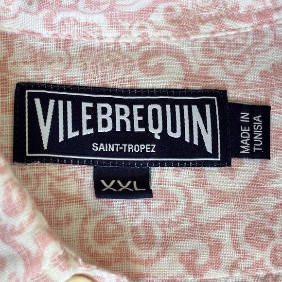 Vilebrequin Sz XXL Pink White Button Up 100% Linen Flax Long Sleeve Shirt Pocket - Picture 10 of 13